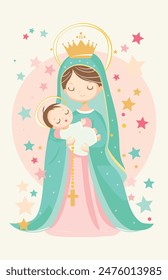 Madonna and Child, vector illustration of Our Lady Virgin Mary with little Jesus Christ in soft pastel colours, holy family in stars, cartoon illustration for kids bible story, suitable for greeting 