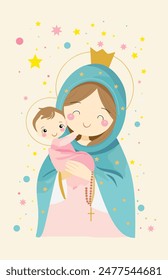 Madonna and Child, vector illustration of Our Lady Virgin Mary with little Jesus Christ in soft pastel colours, holy family in stars, cartoon illustration for kids bible story, suitable for greeting 