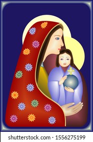 Madonna with Child-a stylized illustration, an icon of Our Lady with the Infant Jesus, wearing a red mantle with flowers