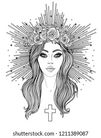 Madonna, Lady of Sorrow. Devotion to the Immaculate Heart of Blessed Virgin Mary, Queen of Heaven. Vector illustration isolated on white. Coloring book for adults. Tattoo design.