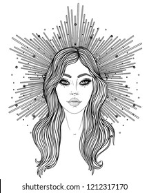 Madonna, Lady of Sorrow. Devotion to the Immaculate Heart of Blessed Virgin Mary, Queen of Heaven. Vector illustration isolated on white. Coloring book for adults. Tattoo design.