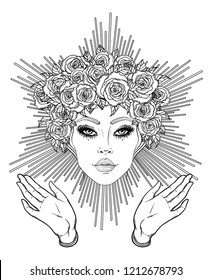 Madonna, Lady of Sorrow. Devotion to the Immaculate Heart of Blessed Virgin Mary, Queen of Heaven. Vector illustration isolated on white. Coloring book for adults. Tattoo design.