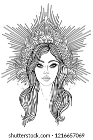 Madonna, Lady of Sorrow. Devotion to the Immaculate Heart of Blessed Virgin Mary, Queen of Heaven. Vector illustration isolated on white. Coloring book for adults. Tattoo design.