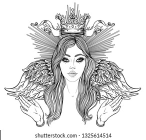 Madonna, Lady of Sorrow. Devotion to the Immaculate Heart of Blessed Virgin Mary, Queen of Heaven. Vector illustration isolated on white. Coloring book for adults. Tattoo design.