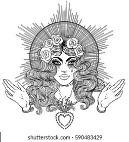 Madonna, Lady of Sorrow. Devotion to the Immaculate Heart of Blessed Virgin Mary, Queen of Heaven. Vector illustration isolated on white. Coloring book for adults. Tattoo design.