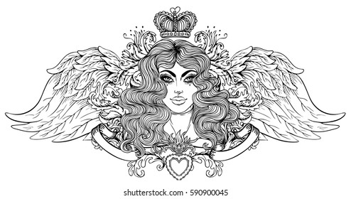 Madonna, Lady of Sorrow. Devotion to the Immaculate Heart of Blessed Virgin Mary, Queen of Heaven. Vector illustration isolated on white. Coloring book for adults. Tattoo design. Angelic wings.