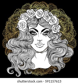 Madonna, Lady of Sorrow. Devotion to the Immaculate Heart of Blessed Virgin Mary, Queen of Heaven. Vector illustration isolated on black. Coloring book for adults. Tattoo design.