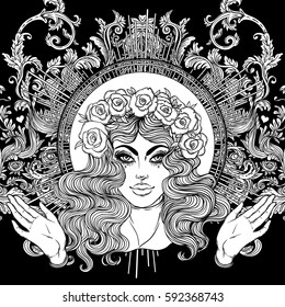 Madonna, Lady of Sorrow. Devotion to the Immaculate Heart of Blessed Virgin Mary, Queen of Heaven. Vector illustration over baroque pattern. Coloring book for adults. Tattoo design.