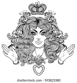 Madonna, Lady of Sorrow. Devotion to the Immaculate Heart of Blessed Virgin Mary, Queen of Heaven. Vector illustration isolated on white. Coloring book for adults. Tattoo design.