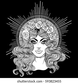 Madonna, Lady of Sorrow. Devotion to the Immaculate Heart of Blessed Virgin Mary, Queen of Heaven. Vector illustration isolated on black. Coloring book for adults. Tattoo design.