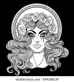 Madonna, Lady of Sorrow. Devotion to the Immaculate Heart of Blessed Virgin Mary, Queen of Heaven. Vector illustration isolated on black. Coloring book for adults. Tattoo design.