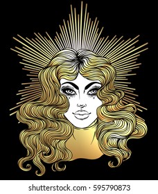 Madonna, Lady of Sorrow. Devotion to the Immaculate Heart of Blessed Virgin Mary, Queen of Heaven. Vector illustration isolated on black. Coloring book for adults. Tattoo design.