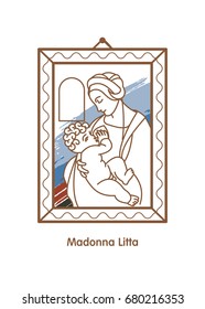Madonna Litta. Vector icon of Leonardo da Vinci. The virgin Mary breastfeeding the Christ child.