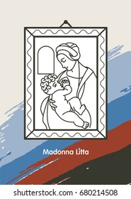 Madonna Litta. Vector illustration of Leonardo da Vinci. The virgin Mary breastfeeding the Christ child.