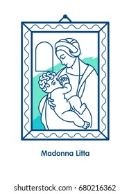 Madonna Litta. Vector illustration of Leonardo da Vinci. The virgin Mary breastfeeding the Christ child.