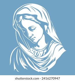 Madonna Nuestra Señora Virgen María Madre de Jesús, Santa María, ilustración vectorial, negro sobre fondo blanco, imprimible, adecuado para logotipo, signo, tatuaje, corte láser, pegatina y otras impresiones a petición	