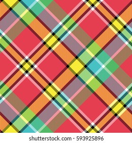 Madras bright color check plaid seamless fabric texture. Vector illustration.