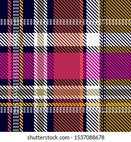 Madras Checkered Border. Seamless vector print inspired by traditional Indian textile design. Template for plaids, shirts, napkins, dresses. Black, yellow, pink.