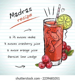 Madras cocktail, vector sketch hand drawn illustration, fresh summer alcoholic drink with recipe and fruits