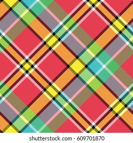 Madras diagonal fabric texture pixeled seamless pattern. Vector illustration.