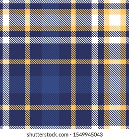 Madras plaid pattern in navy blue, indigo, orange and white. All over fabric texture print.