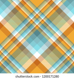 Madras plaid pattern in orange, teal, blue and white. Seamless fabric texture print.