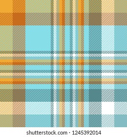 Madras plaid pattern in orange, teal green, blue and white.