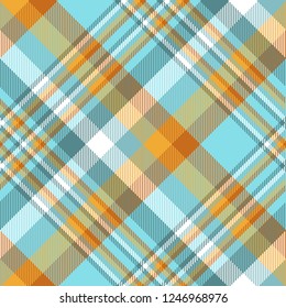 Madras Plaid Pattern In Orange, Teal Green, Robin Egg Blue And White.