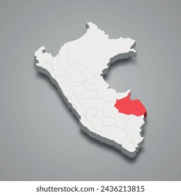 Madre de Dios department highlighted in red on a grey Peru 3d map