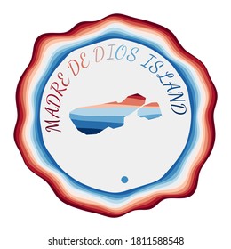 Madre de Dios Island badge. Map of the island with beautiful geometric waves and vibrant red blue frame. Vivid round Madre de Dios logo. Vector illustration.