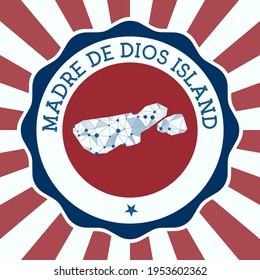 Madre de Dios Island Badge. Round logo of island with triangular mesh map and radial rays. EPS10 Vector.