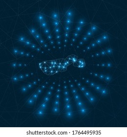 Madre de Dios Island digital map. Glowing rays radiating from the island. Network connections and telecommunication design. Vector illustration.