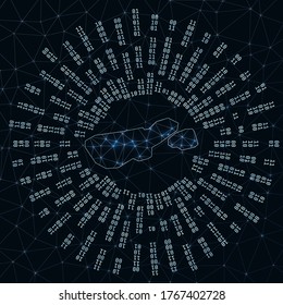 Madre de Dios Island digital map. Binary rays radiating around glowing island. Internet connections and data exchange design. Vector illutration.
