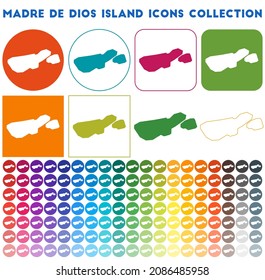 Madre de Dios Island icons collection. Bright colourful trendy map icons. Modern Madre de Dios Island badge. Vector illustration.