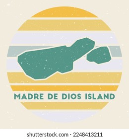 Madre de Dios Island logo. Sign with the map and colored stripes, vector illustration. Can be used as insignia, logotype, label, sticker or badge of the Madre de Dios Island.