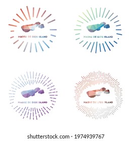 Madre de Dios Island low poly sunburst set. Logo of island in geometric polygonal style. Vector illustration.