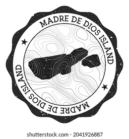 Madre de Dios Island outdoor stamp. Round sticker with map of island with topographic isolines. Vector illustration.