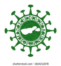 Madre de Dios Island Reopening Stamp. Green round badge of island with map of Madre de Dios. Reopening after lockdown. Vector illustration.