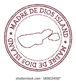 Madre de Dios Island round rubber stamp with island map. Vintage red passport stamp with circular text and stars, vector illustration.