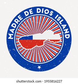 Madre de Dios Island round stamp. Logo of island with flag. Vintage badge with circular text and stars, vector illustration.