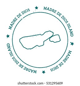 Madre de Dios Island vector map. Retro vintage insignia with island map. Distressed travel stamp with Madre de Dios Island text wrapped around a circle and stars.