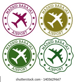 Madrid Barajas Airport. Madrid airport logo. Flat stamps in material color palette. Vector illustration.