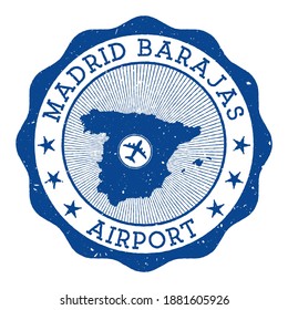 Madrid Barajas Airport stamp. Airport of Madrid round logo with location on Spain map marked by airplane. Vector illustration.