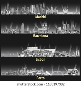 Madrid, Barcelona, Lisbon and Porto cities skylines at night in grey tints color palette vector set