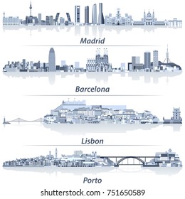 Madrid, Barcelona, Lisbon and Porto cities skylines vector illustrations in light blue color palette with water reflections