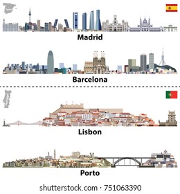 Madrid, Barcelona, Lisbon and Porto city skylines vector illustrations. Maps and flags of Spain and Portugal