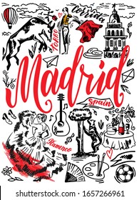 Madrid capital city famous landmarks and symbols. Isolated Sketch clipart with Spanish attractions. Travel to Spain. Bullfighting, flamenco, guitar, football. Hand Drawn conceptual illustration.