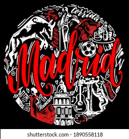 Madrid is the capital of Spain. Print color design on black background. Bullfighting, flamenco, guitar, football. Sketch design. Hand Drawn conceptual illustration.