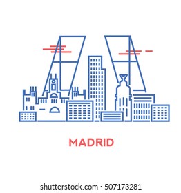 Madrid city architecture retro vector illustration, skyline city silhouette, skyscraper, stroke design