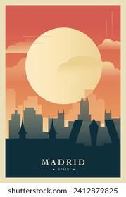 Afiche de brutalismo de la ciudad de Madrid con perfil abstracto, cityscape retro ilustración vectorial. Portada de la guía de viajes de la metrópolis capital de España, folleto, folleto, folleto, imagen de la plantilla de presentación de negocios